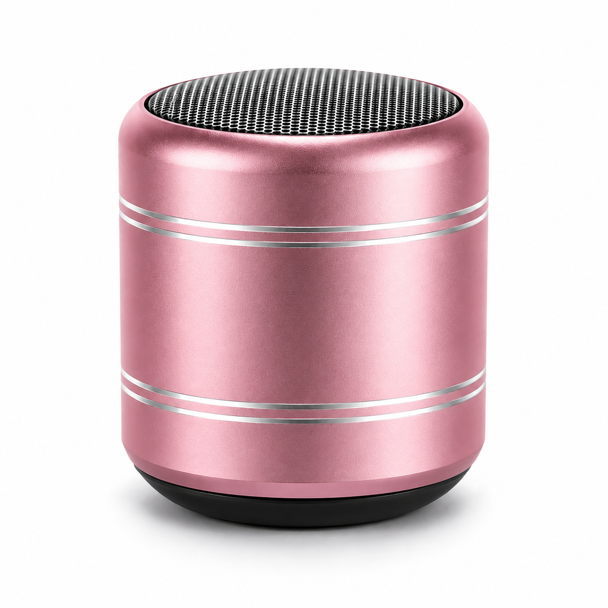 A small portable Bluetooth speaker with a metallic rose gold body, silver accent stripes, a black mesh grille on top, and a black base, shown on a white background.