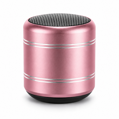 A small portable Bluetooth speaker with a metallic rose gold body, silver accent stripes, a black mesh grille on top, and a black base, shown on a white background.