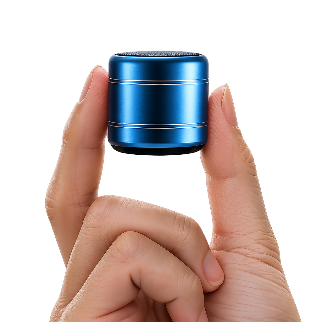 A small metallic blue cylindrical speaker being held between two human fingers against a plain white background.