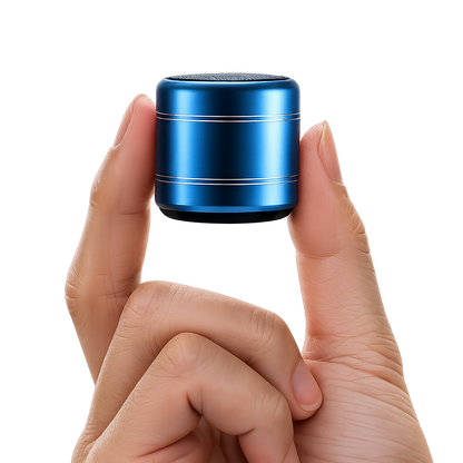 A small metallic blue cylindrical speaker being held between two human fingers against a plain white background.
