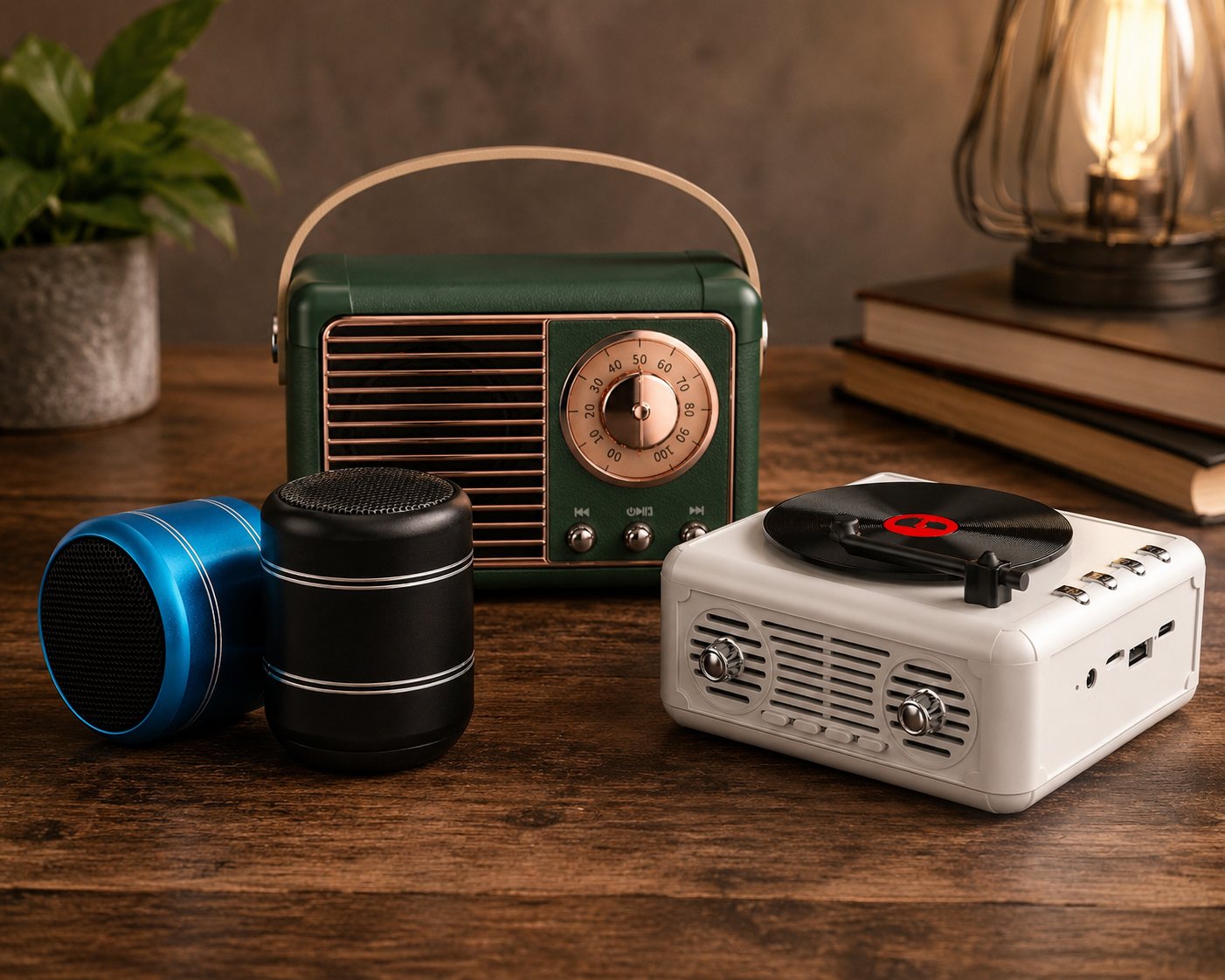 A collection of portable audio devices arranged on a wooden table, including a retro green radio, a blue and black speaker, a white record player speaker, and a glowing table lamp in the background.