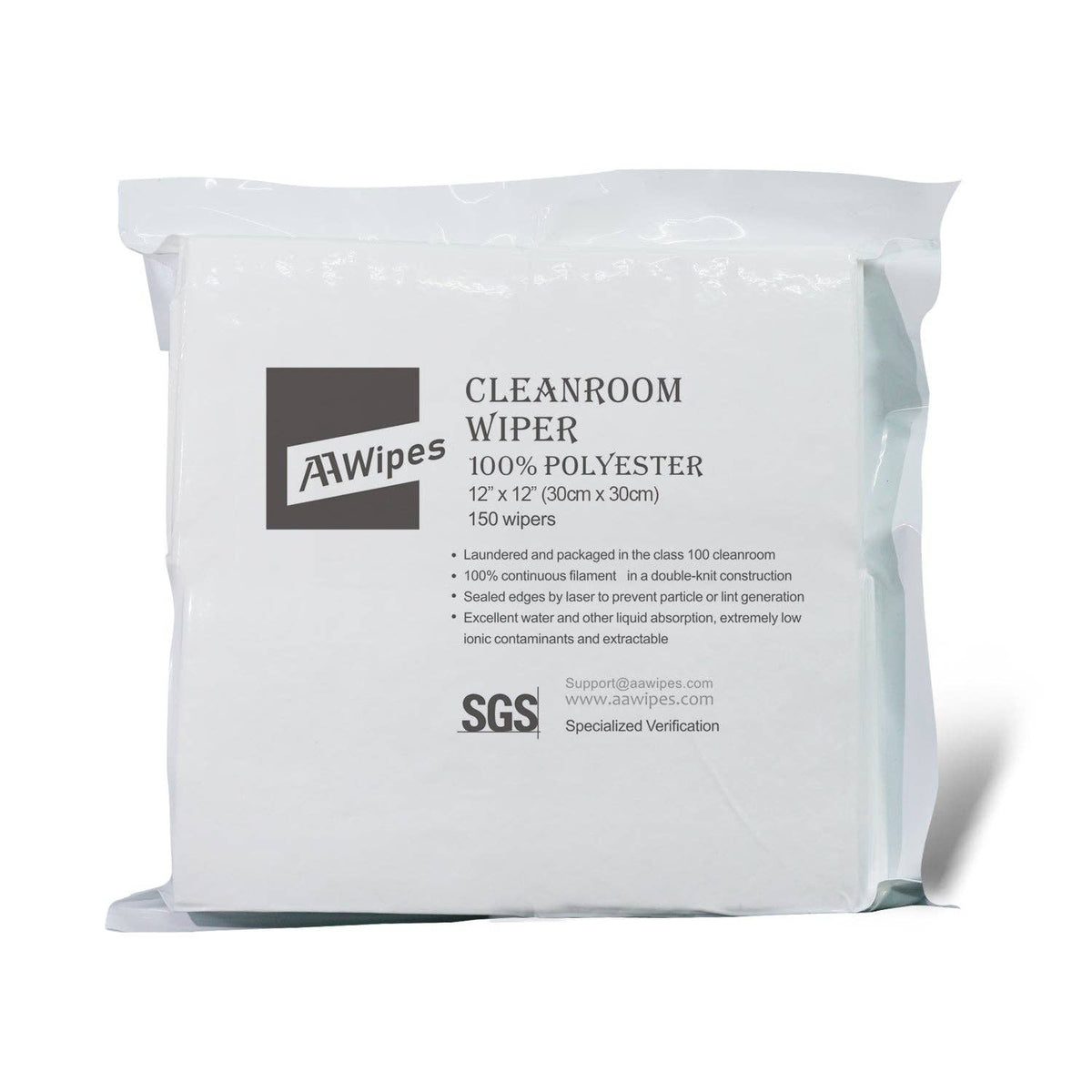 A package of 150 Cleanroom 100% Polyester wipers on a white backgrpund.