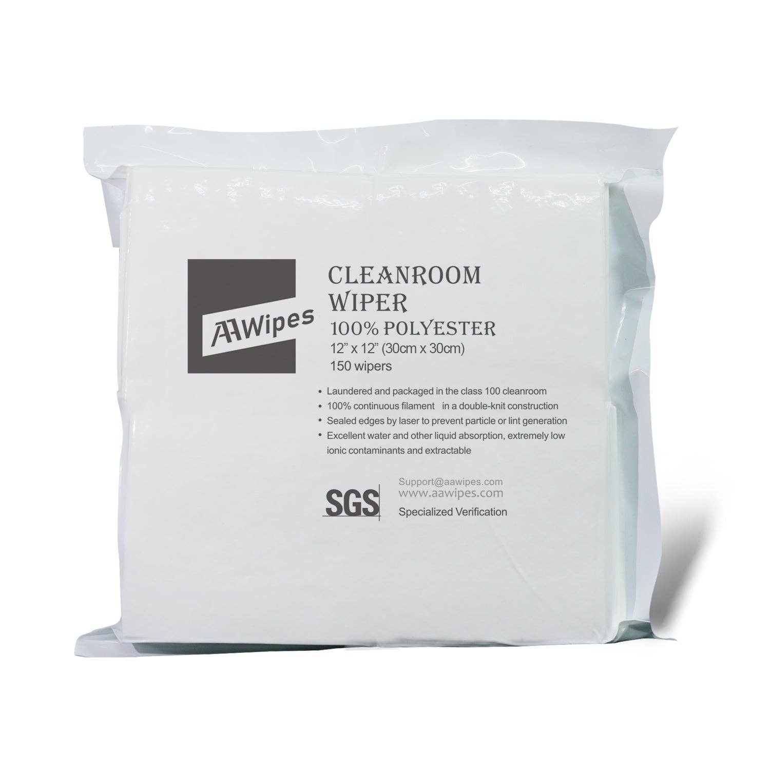 A package of 150 Cleanroom 100% Polyester wipers on a white backgrpund.