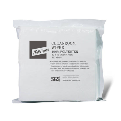 A package of 150 Cleanroom 100% Polyester wipers on a white backgrpund.