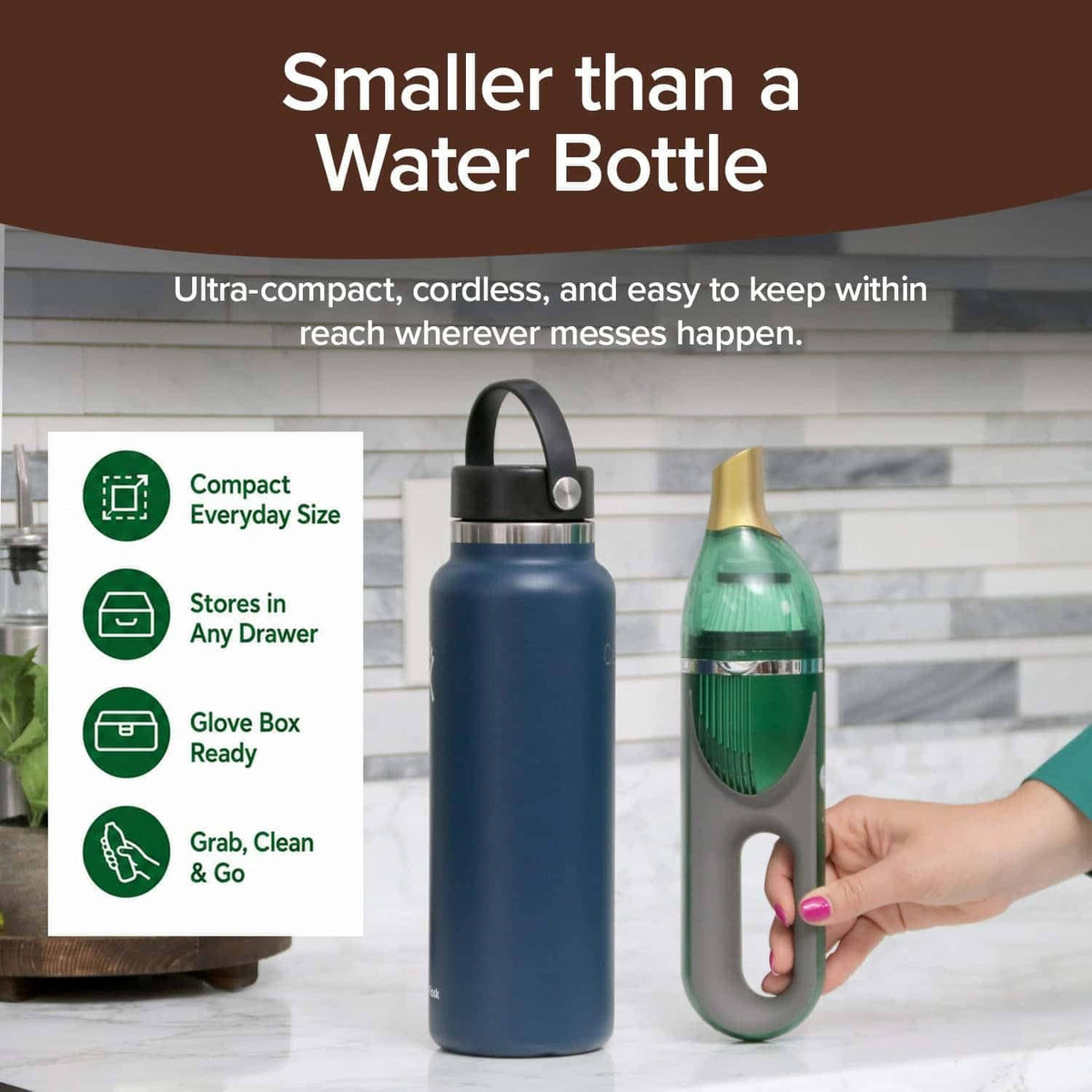 Horsepower Duck Quack Attack vacuum graphic comparing size to a water bottle. 