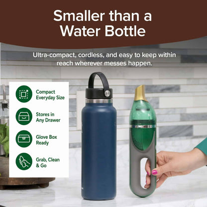 Horsepower Duck Quack Attack vacuum graphic comparing size to a water bottle. 