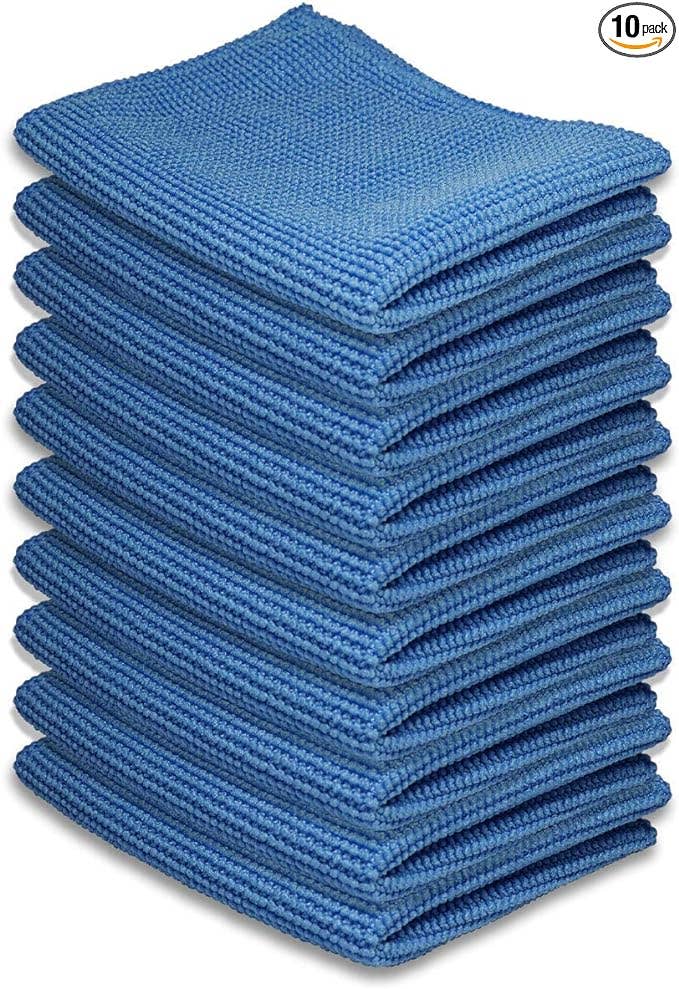 10 blue microfiber cloths on a white background