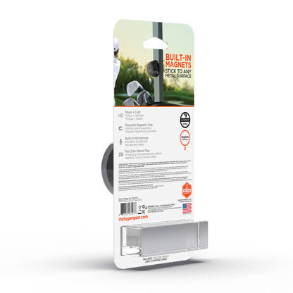 Packaging of a magnetic speaker product with golf imagery on a white background