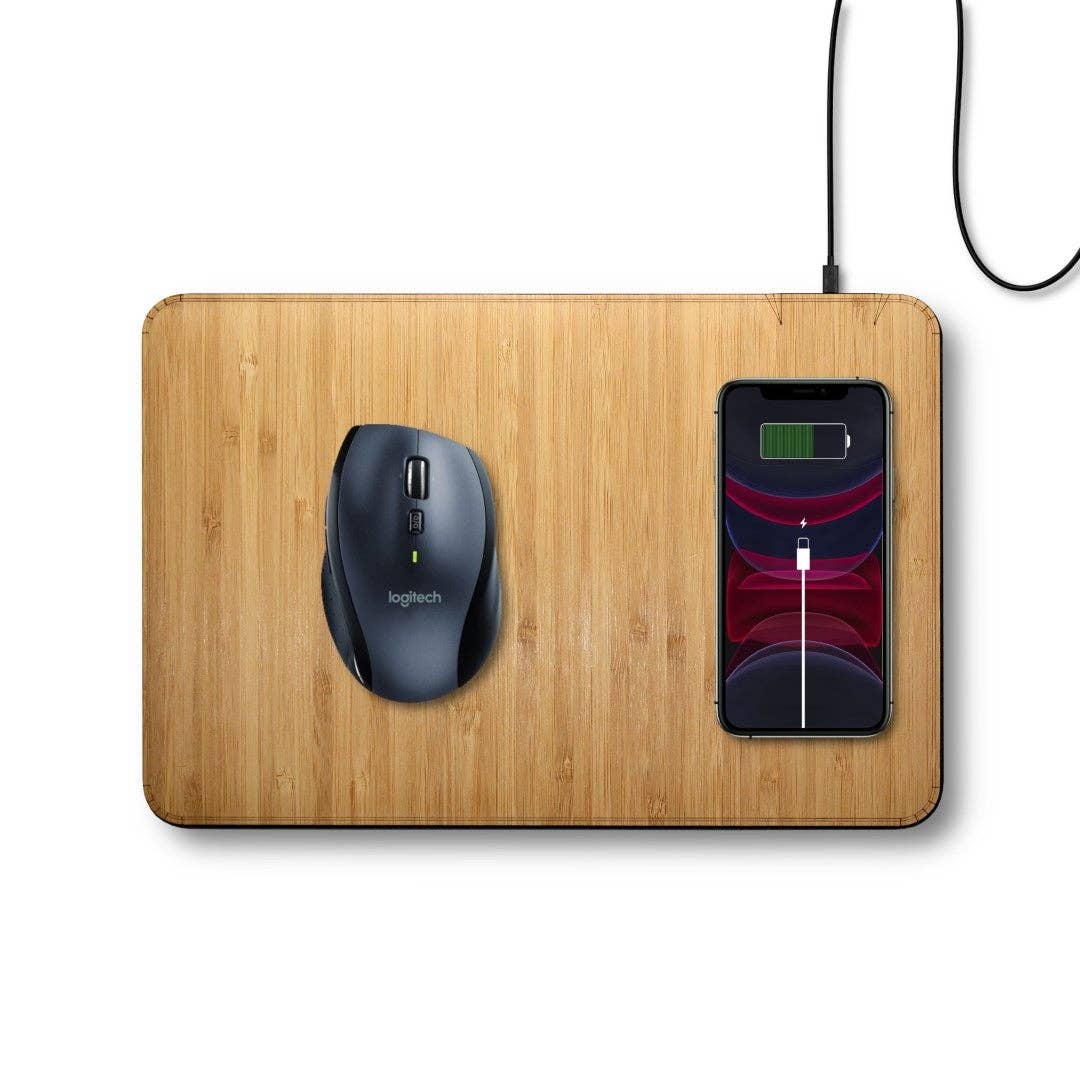 WUDN large real wood wireless charging mouse pad with built-in 15W Qi fast charger, with a mouse and phone
