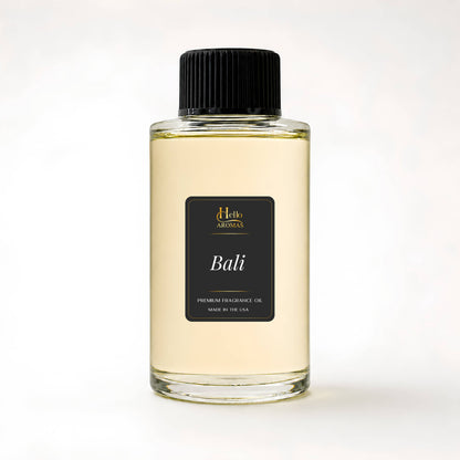 Bottle of Hello Aromas Bali fragrance oil on a white background