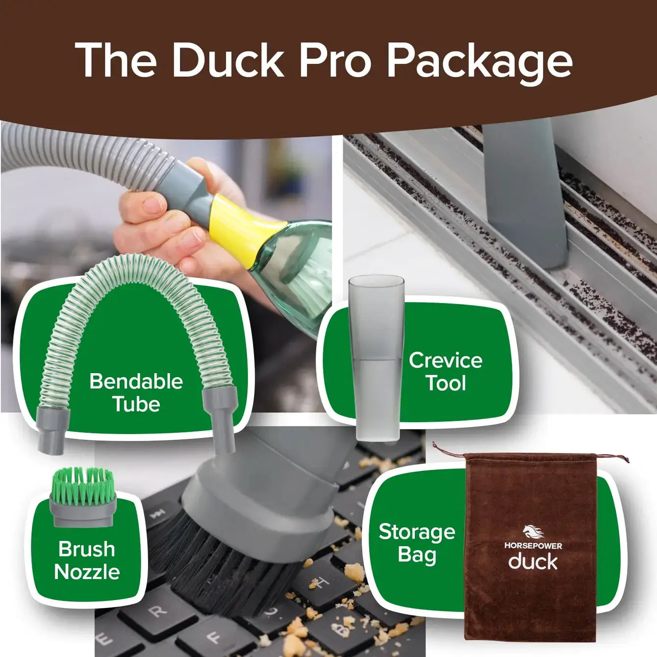 Duck Pro Package with bendable tube, crevice tool, brush nozzle, and storage bag on a keyboard.