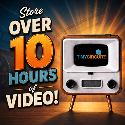 Promotional graphic with the text 'Store OVER 10 HOURS of VIDEO!' on a dark blue background with warm light rays, alongside a retro-style small television displaying the Tiny Circuits logo.