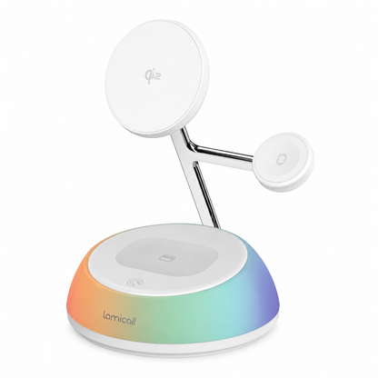 A Lamicall wireless charging stand with a white magnetic phone mount, a secondary small charging pad on the side, and a rounded base featuring a smooth rainbow gradient transition from orange to green to blue. The Lamicall brand name is visible on the front of the base.