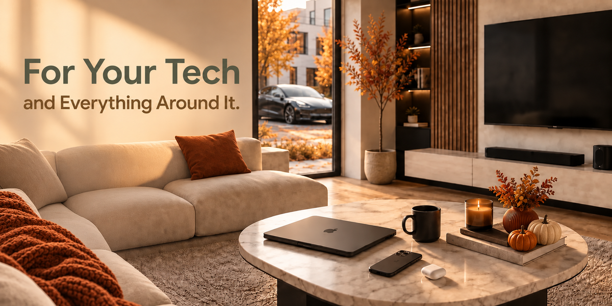 Fall-inspired living room with autumn décor and tech accessories, featuring the tagline “For Your Tech and Everything Around It.”