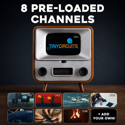 Promotional graphic for a digital product featuring a retro television set displaying the 'TINYCIRCUITS' logo, with the text '8 PRE-LOADED CHANNELS' at the top and eight small channel preview thumbnails at the bottom on a dark background.