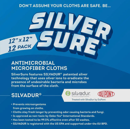 Package label for SilverSure antimicrobial microfiber cloths. 