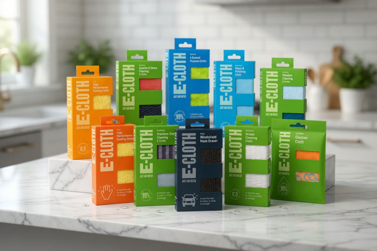 Collection of E-Cloth product boxes on a kitchen counter