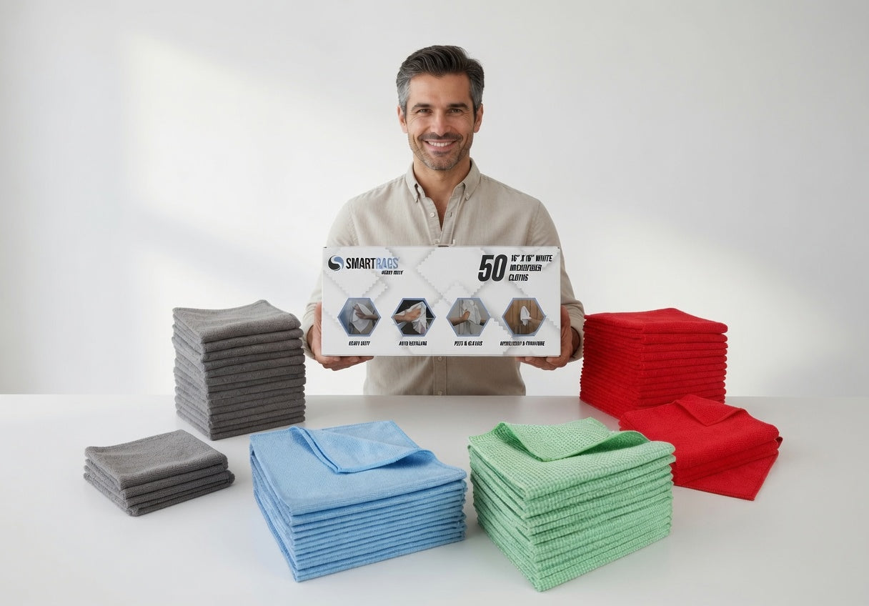 Man holding a box of Smart Cloths with various colored cloths displayed on a table.