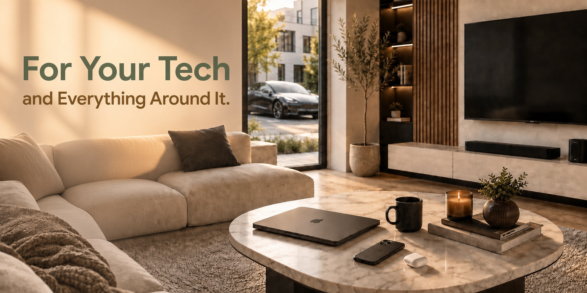 Living room in the background with some tech products on a table. 