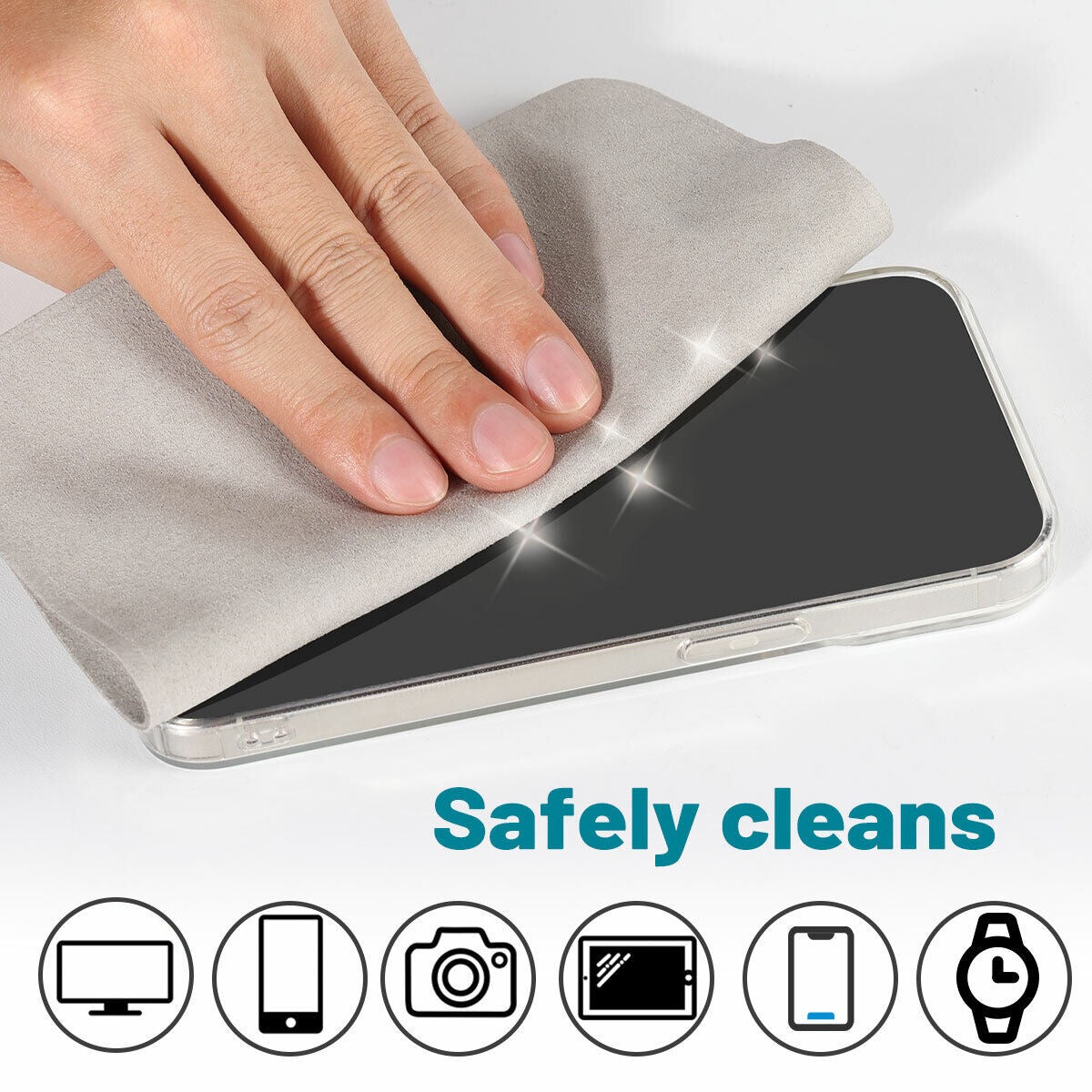 Graphic for the Clean My Tech polishing cloth featuring what it can clean.