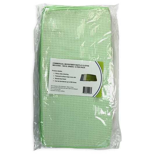 Green microfiber cloth in clear packaging with a label on a white background