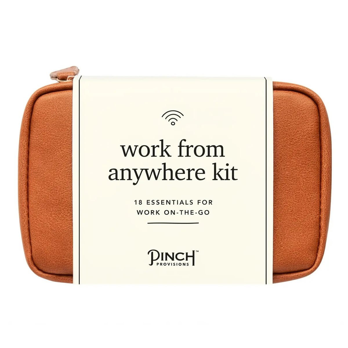 Work From Anywhere Kit in Cognac featuring 18 tech, office, and personal care essentials in a stylish clamshell organizer pouch.