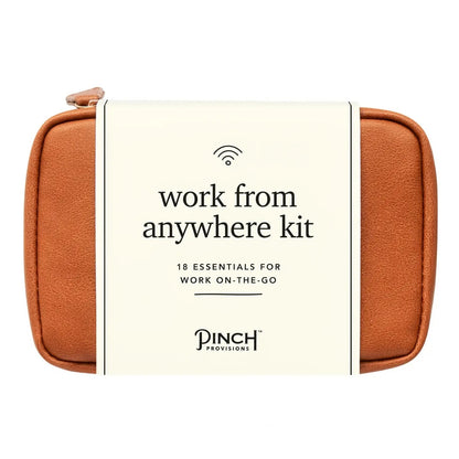 Work From Anywhere Kit in Cognac featuring 18 tech, office, and personal care essentials in a stylish clamshell organizer pouch.