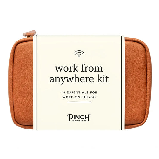 Work From Anywhere Kit in Cognac featuring 18 tech, office, and personal care essentials in a stylish clamshell organizer pouch.