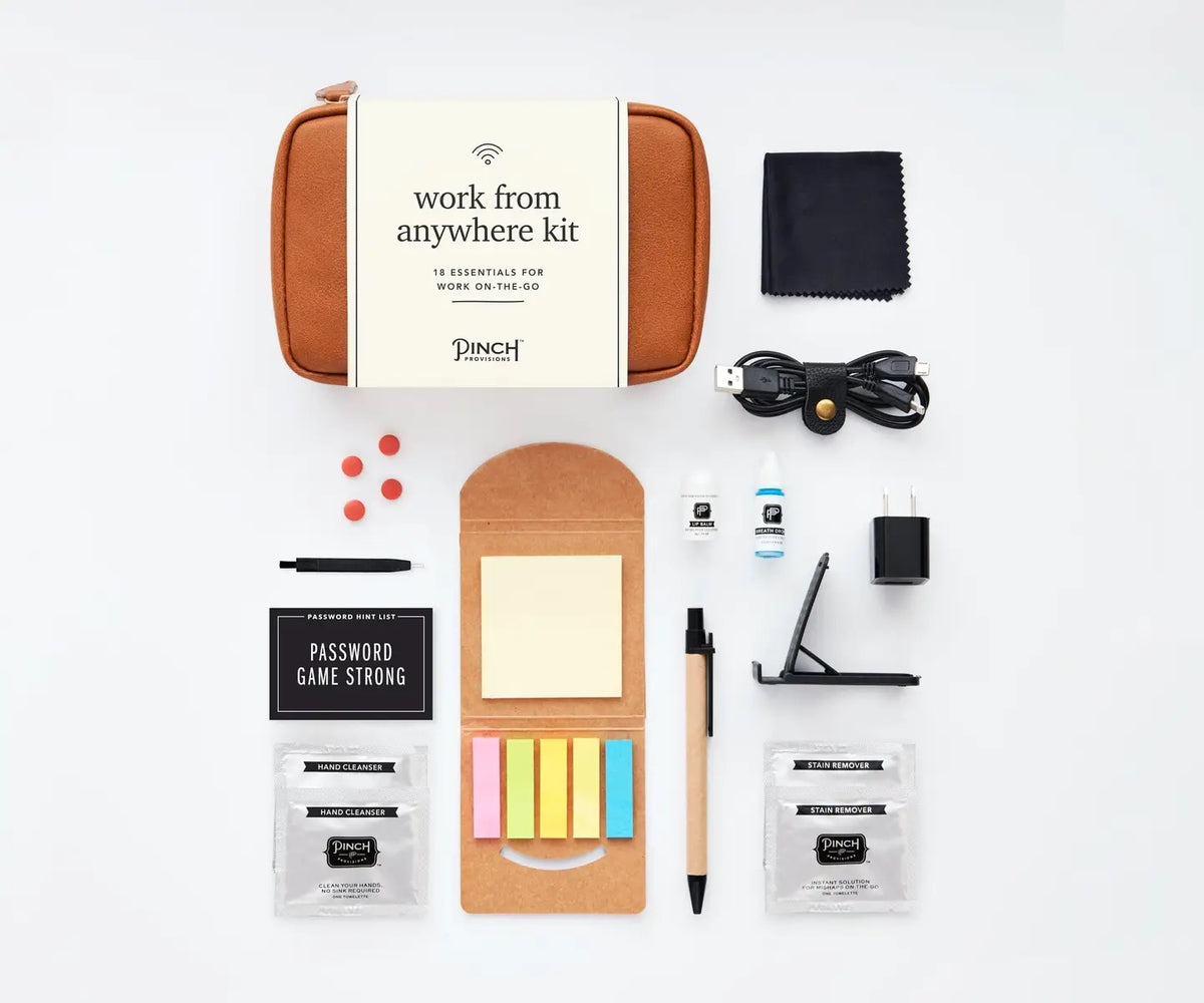 Work From Anywhere Kit in Cognac featuring 18 tech, office, and personal care essentials in a stylish clamshell organizer pouch.