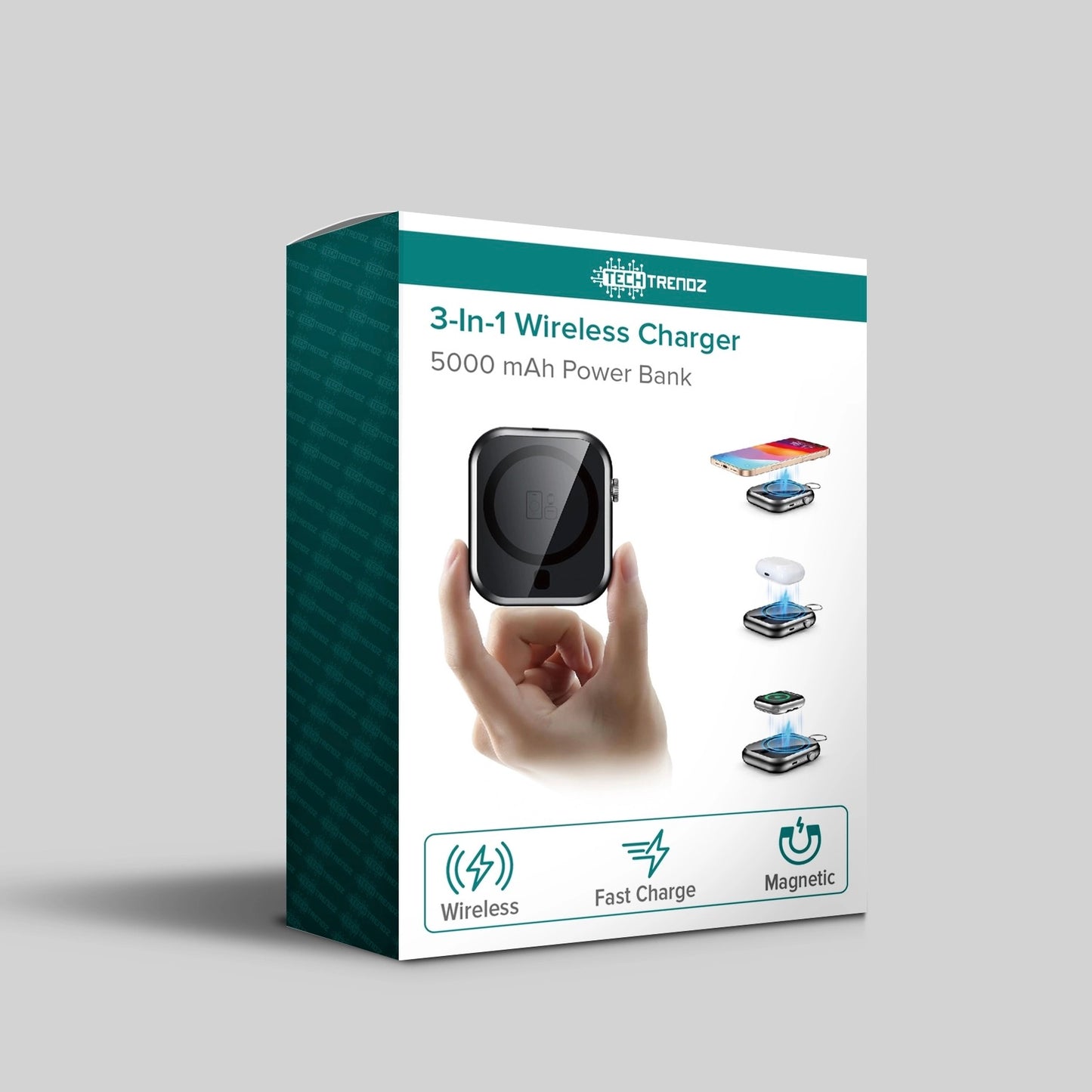 A 3-in-1 wireless charger 5000 mAh power bank retail box by LEDTRENDOZ, shown at a three-quarter angle on a neutral gray background.