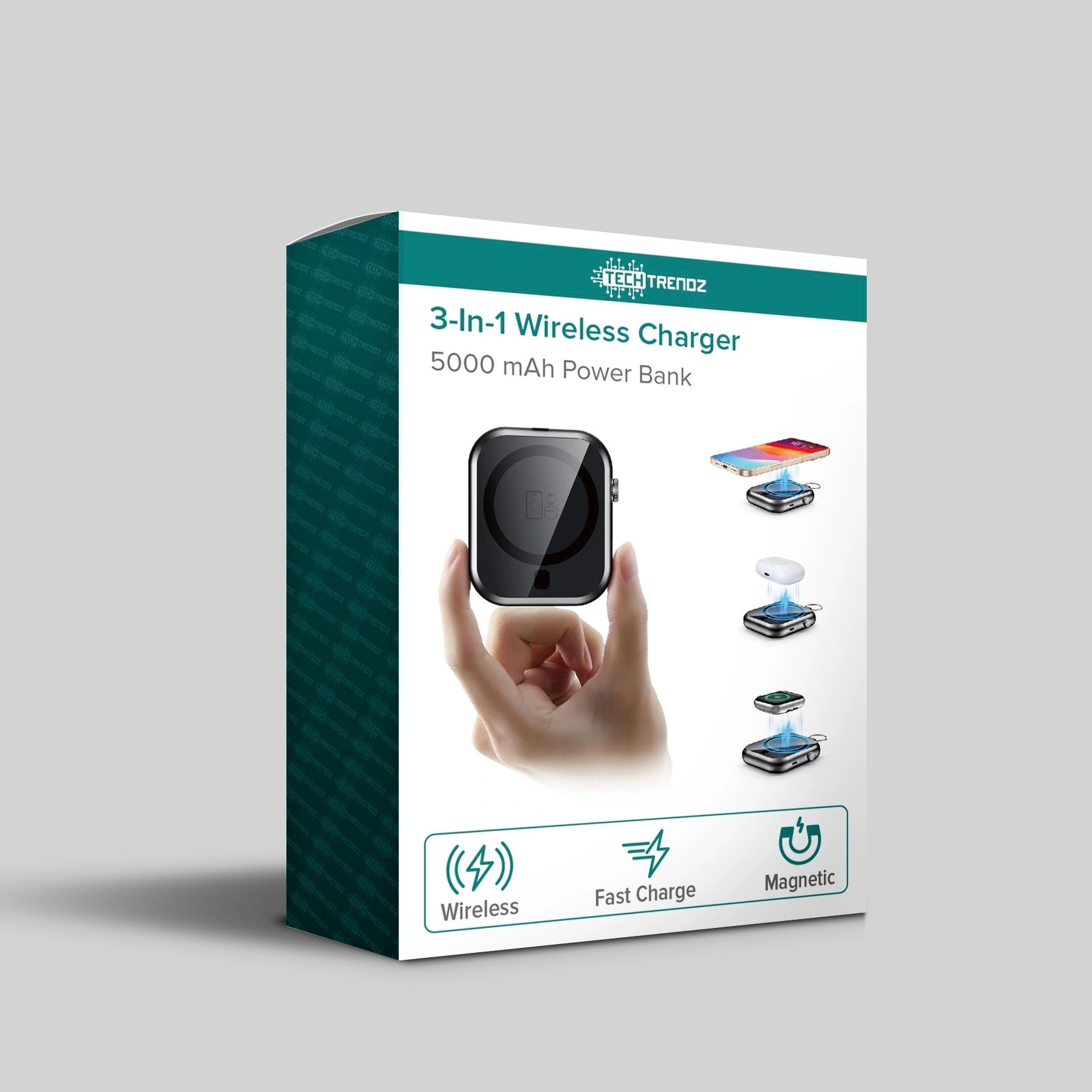 A 3-in-1 wireless charger 5000 mAh power bank retail box by LEDTRENDOZ, shown at a three-quarter angle on a neutral gray background.