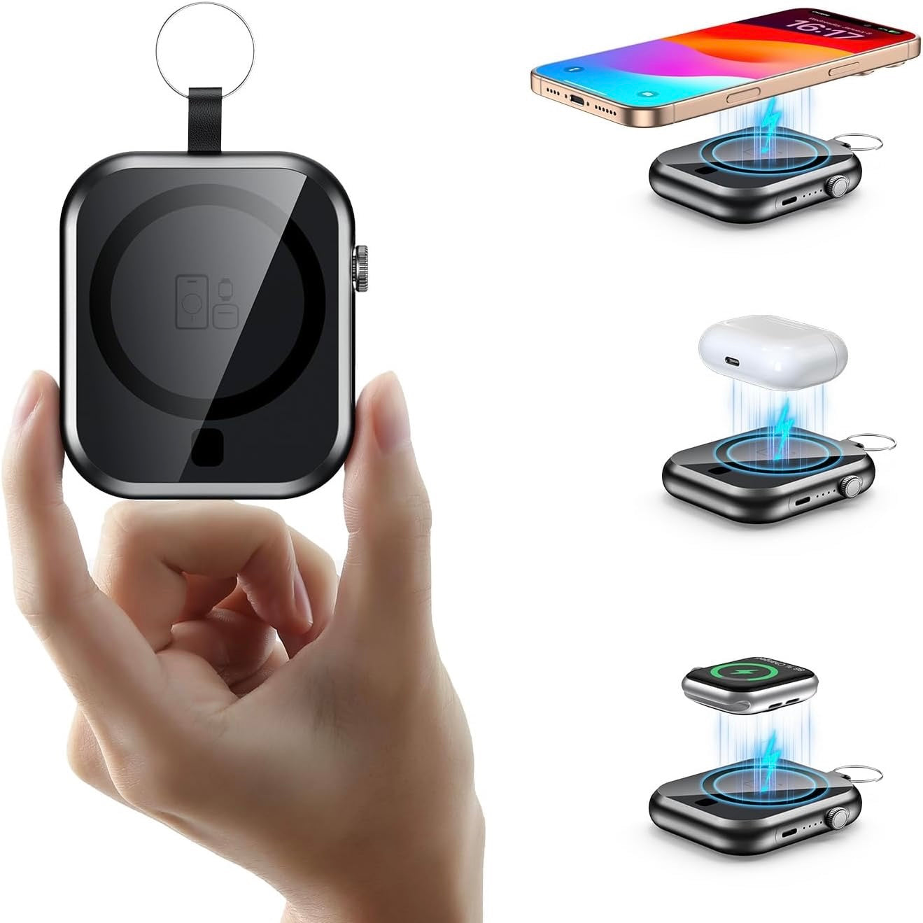 A hand holds a black square magnetic wireless charger with a key ring loop. Three smaller inset diagrams on the right show the charger powering a smartphone, white earbud case, and smartwatch, with blue light effects indicating wireless charging.