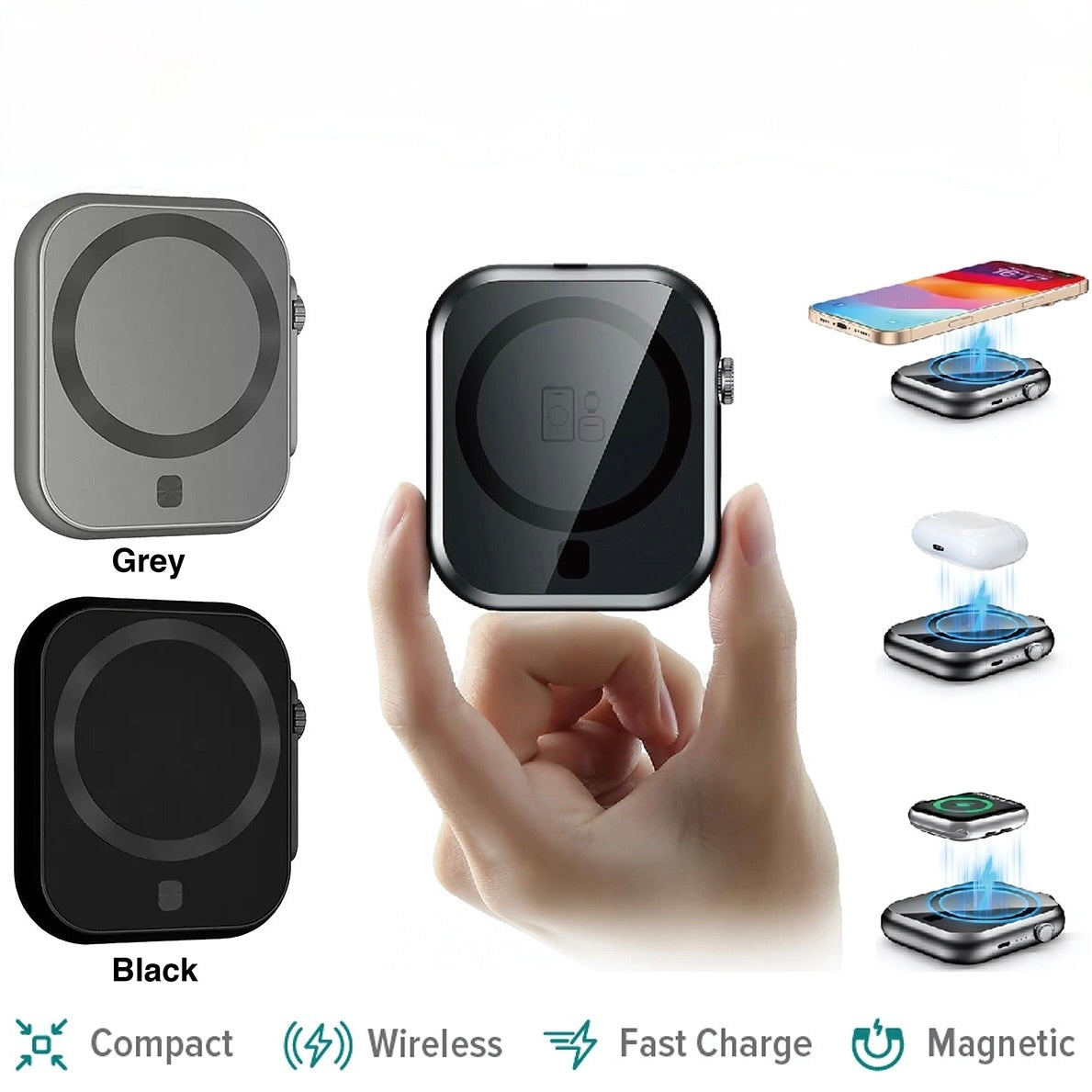 A hand holds a square wireless magnetic charger in the center, with two alternate color options labeled Grey and Black on the left, and small usage illustrations on the right showing a phone, earbud charging, and wireless power transfer. Text at the bottom lists Compact, Wireless, Fast Charge, and Magnetic.