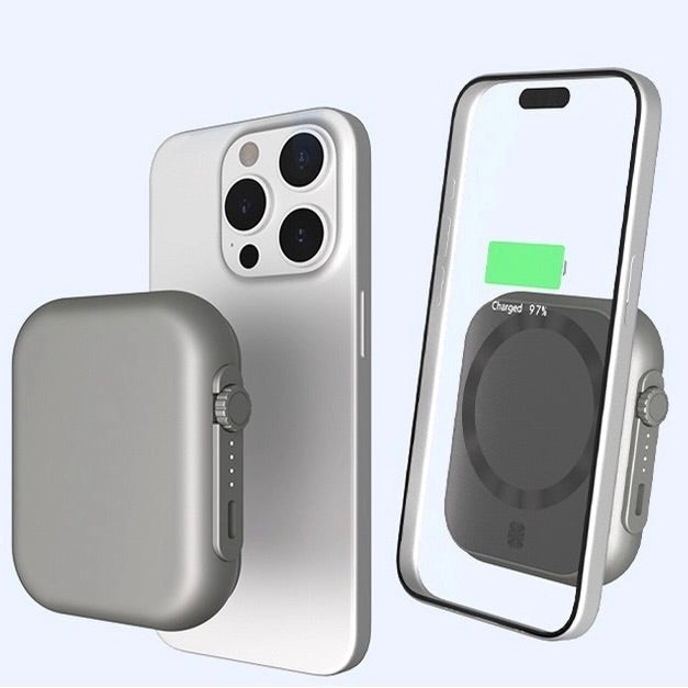 A silver metallic magnetic wireless phone charger shown in two views: one detached showing its side button and connector, and one attached to a smartphone displaying a charging interface. The background is a clean, light blue gradient.