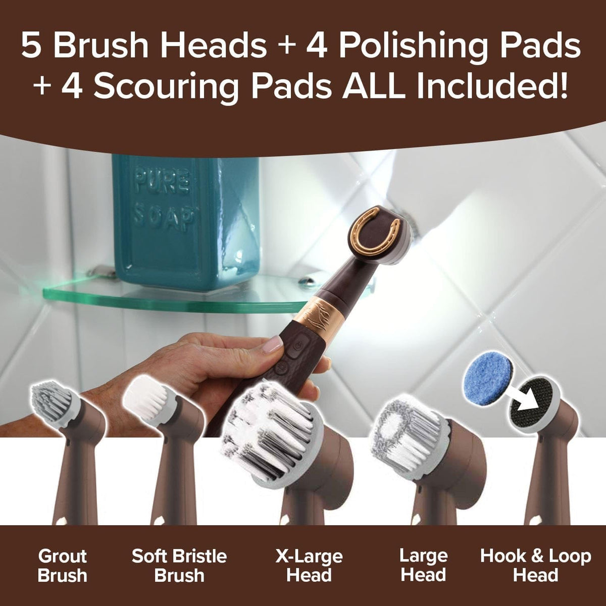 Set of cleaning brushes with various heads and pads, including grout brush, soft bristle brush, and scouring pads, with a background of a glass shelf.