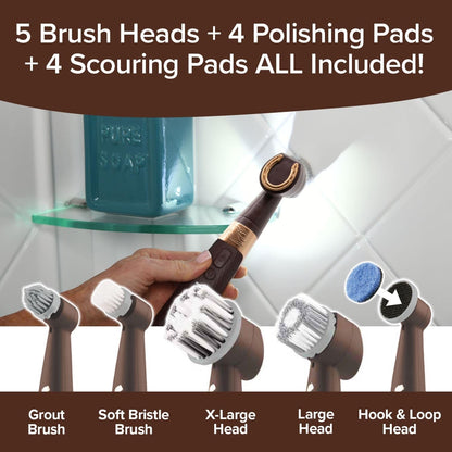 Set of cleaning brushes with various heads and pads, including grout brush, soft bristle brush, and scouring pads, with a background of a glass shelf.