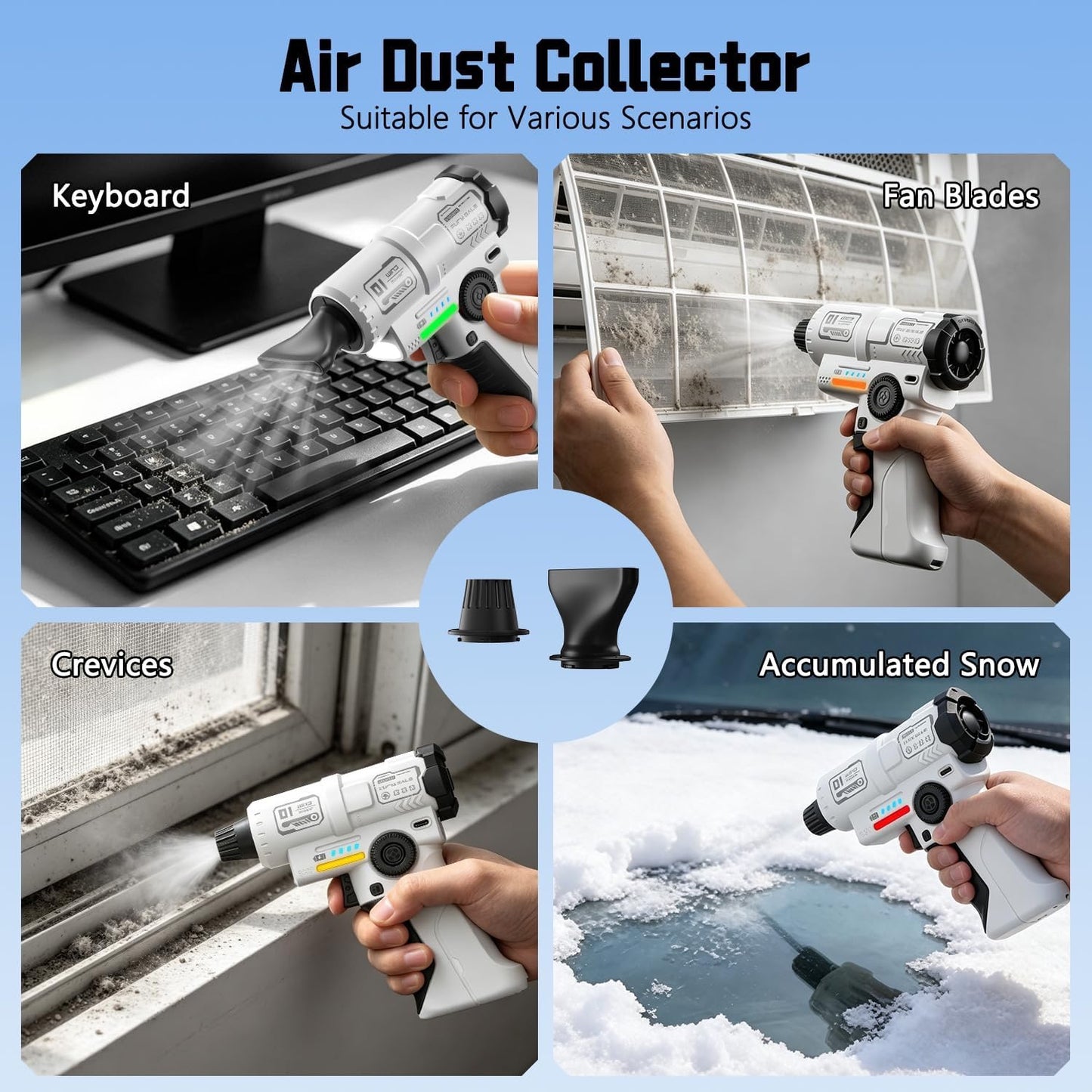 A graphic showing various scenarios for using turbo air duster. Keyboards, fan blades, crevices, and snow. 