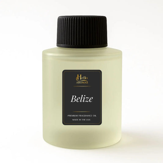 Bottle of Belize premium fragrance oil with black label and black cap