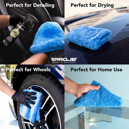 Blue microfiber towel being used for detailing, drying, cleaning wheels, and home use with Proje car care branding.