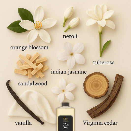 The one premium fragrance oil consist of orange blossom, neroli, sandalwood, Indian jasmine, tuberose, vanilla, and Virgina cedar