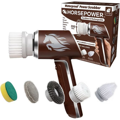 Horsepower cordless rechargeable waterproof power scrubber shown with its retail box and four interchangeable brush pads on a white background.