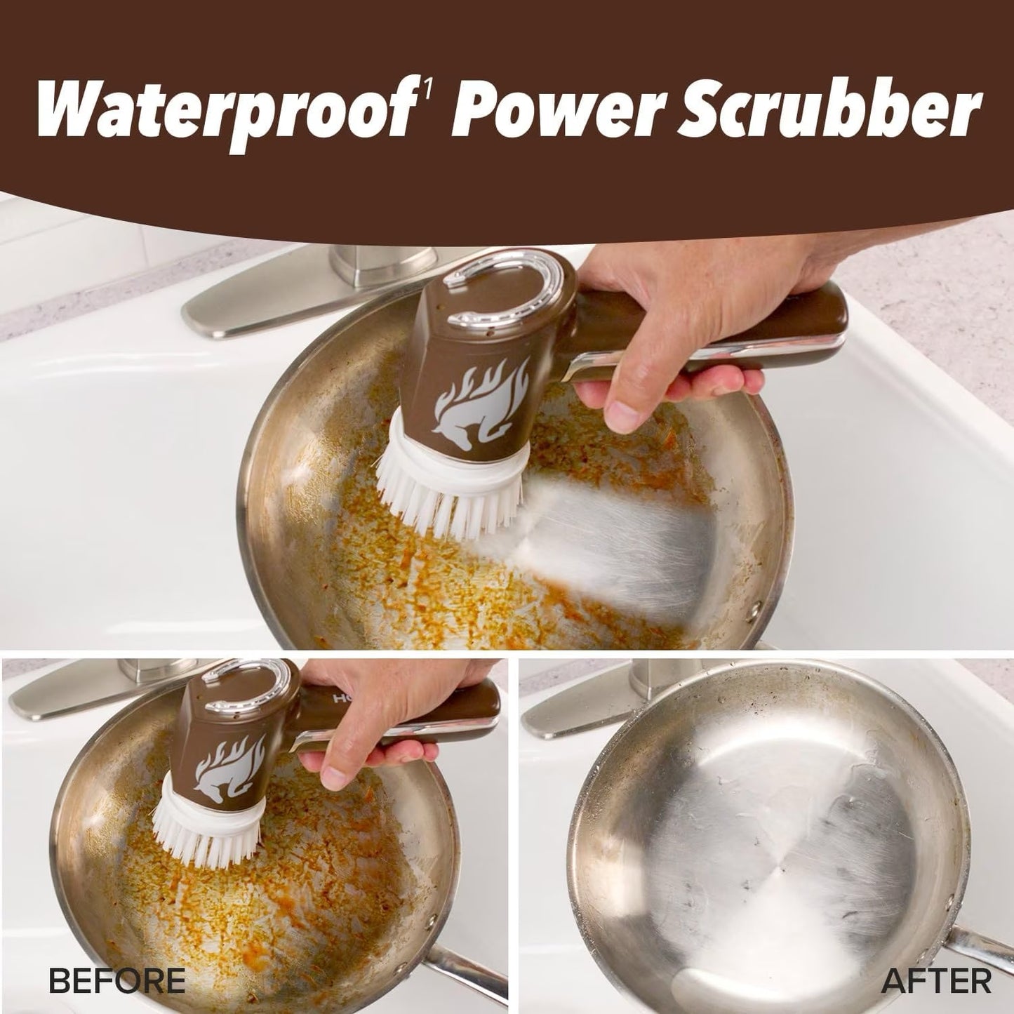 Waterproof Power Scrubber cleaning a rusty pot, before and after use shown.