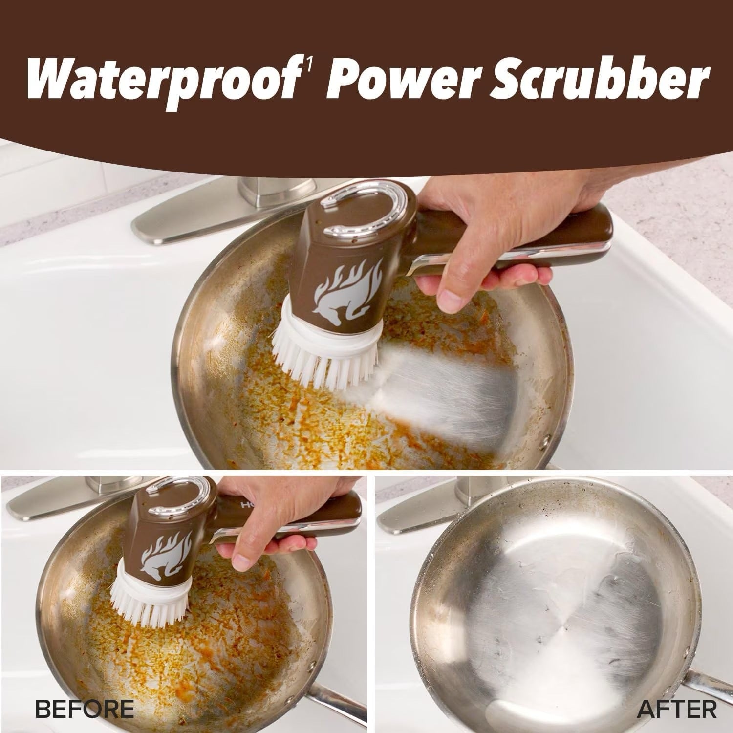 Waterproof Power Scrubber cleaning a rusty pot, before and after use shown.