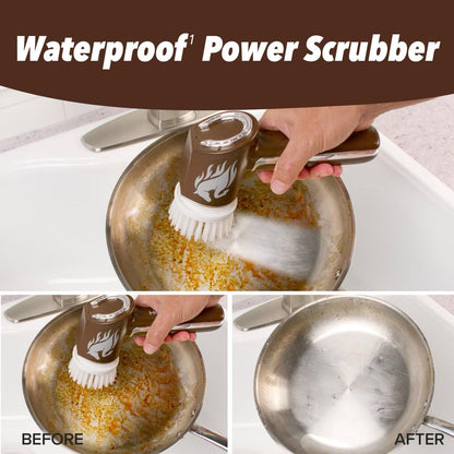 Waterproof Power Scrubber cleaning a rusty pot, before and after use shown.