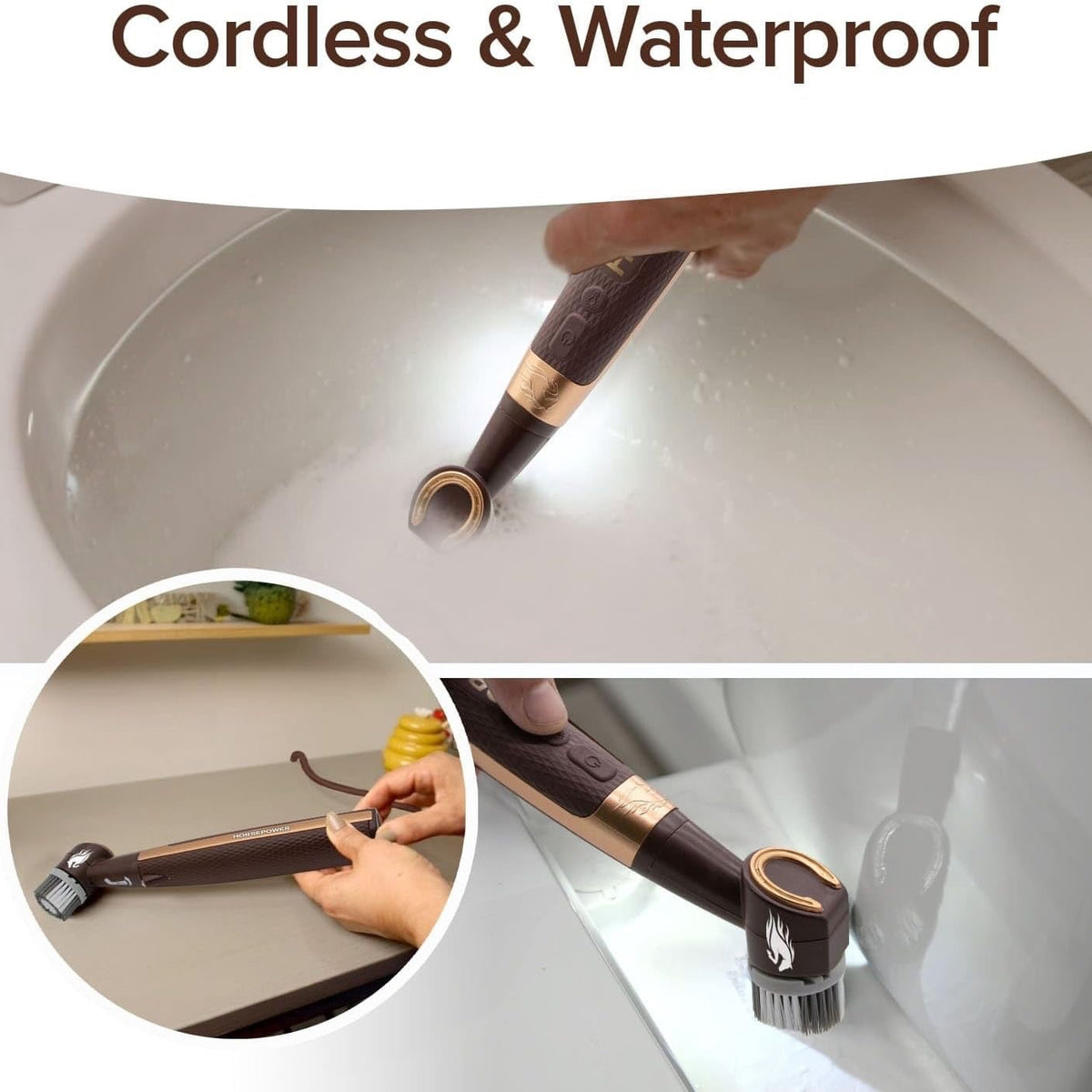 A cordless waterproof toilet brush shown being used in a white toilet bowl, with text reading 'Cordless & Waterproof' at the top and two inset circles showing additional usage views.
