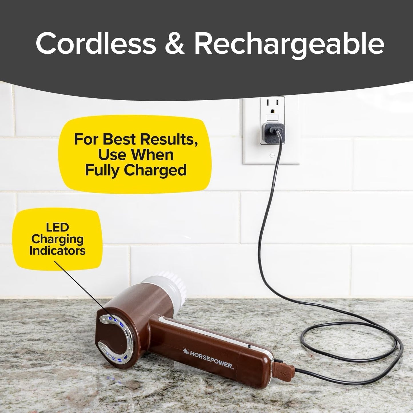 Cordless device with charging cable plugged into an outlet, featuring LED indicators and text about usage.