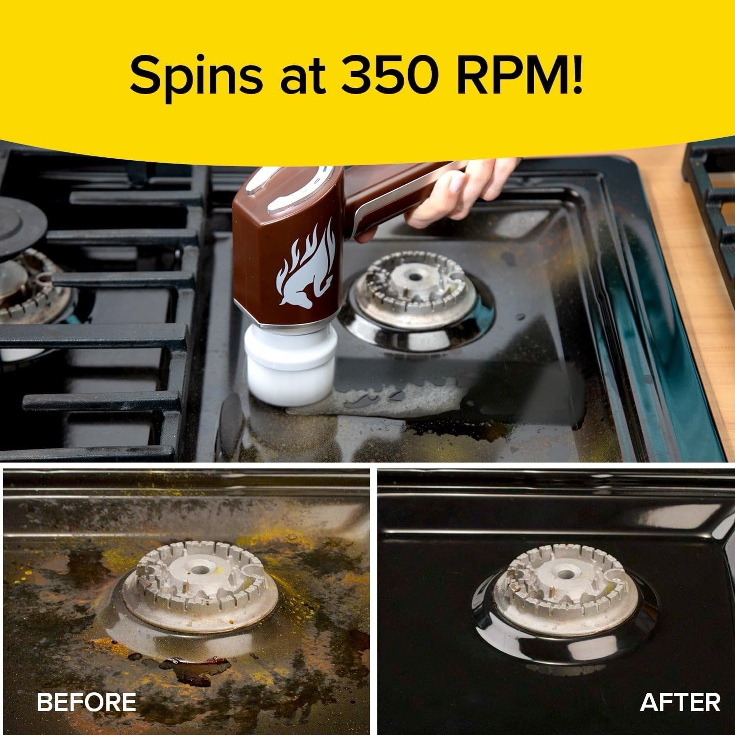 Stainless steel scrubber cleaning a gas stove with 'Spins at 350 RPM!' text above.