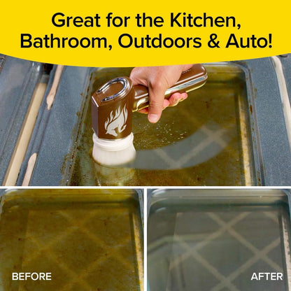 Cleaning tool being used on a stained surface with 'Before' and 'After' comparisons, text 'Great for the Kitchen, Bathroom, Outdoors & Auto!' on a yellow background.