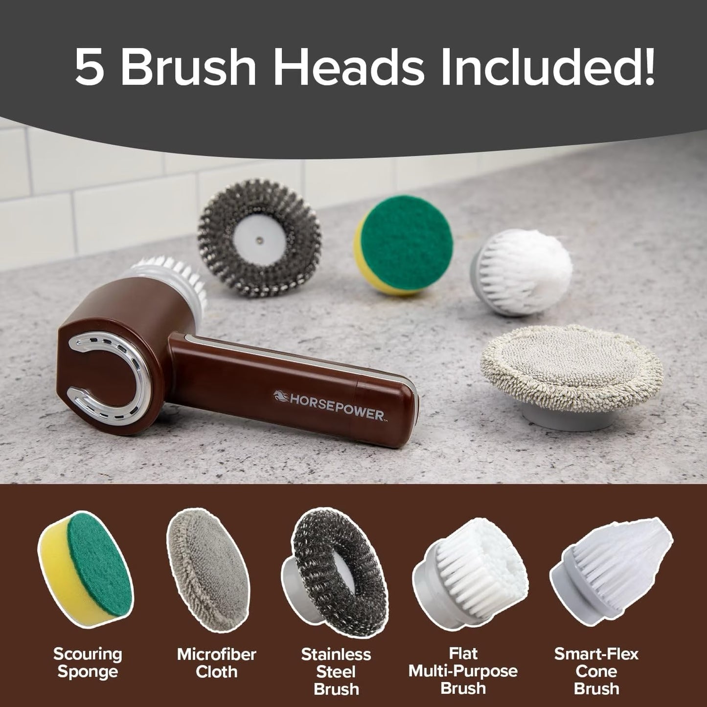 Horsepower electric brush cleaner shown with five included brush heads on a countertop, with text reading '5 Brush Heads Included!' and labeled brush head options along the bottom.