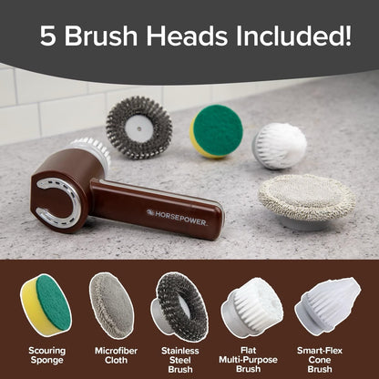 Horsepower electric brush cleaner shown with five included brush heads on a countertop, with text reading '5 Brush Heads Included!' and labeled brush head options along the bottom.